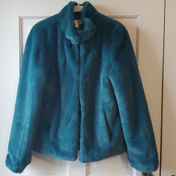 MAISON JULES FAUX FUR JACKET SIZE SMALL REVERSIBLE BLUE GREEN - Picture 9 of 12